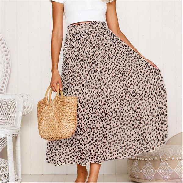 

womens pleated long maxi skirts 2021 summer leopard printed elastic waist skirt chiffon party high waist beach boho maxi skirts, Black