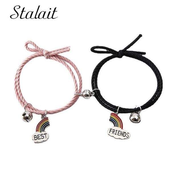 

charm bracelets rainbow friend for couple pink black handmad knot lucki rope bracelet suction stone bells pendant, Golden;silver