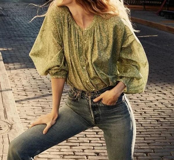 

green floral print women shirt early autumn new lantern sleeve o-neck loose lady blouse, White