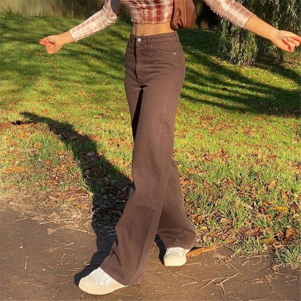 

women spring autumn fashion casual jeans high waist trousers straight pants shopping dating wear brown khaki beige regular size, Blue