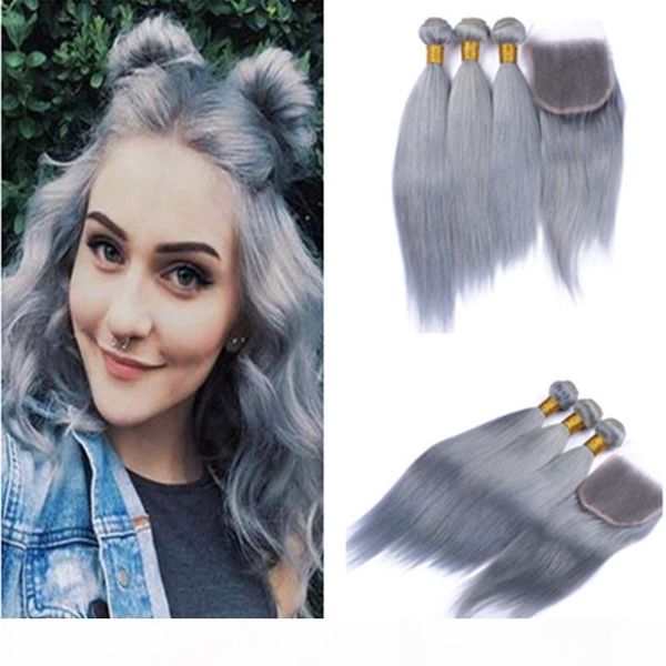 

new arrive pure color gray lace closure with bundles straight grey hair bundles brazilian virgin remy human hair silver grey hair weaves, Black;brown