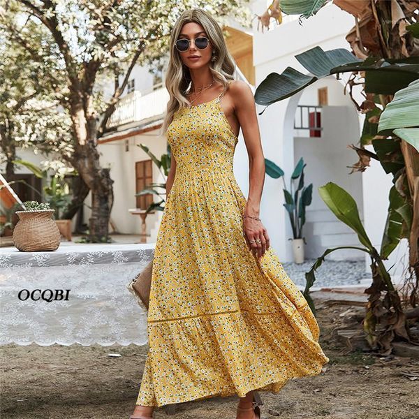 

casual dresses summer print women dress 2021 elegant backless spaghetti straps ruffles maxi, Black;gray