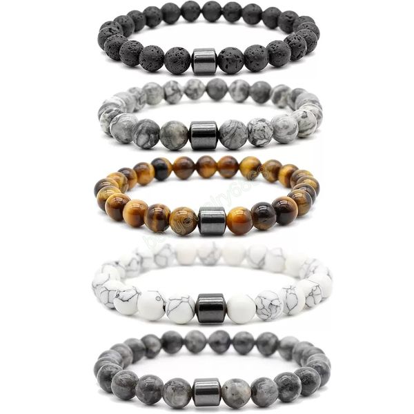 Ematite magnetica nera Bracciale con fili di perline di pietra naturale Bracciale con perline di turchese occhio di tigre lava, gioielli da donna, moda uomo