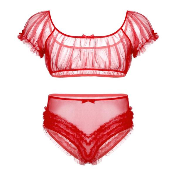 

gay men's sissy crossdresser nightwear see through transparent sheer mesh crop high waist panties lingerie exotic sets, Red;black
