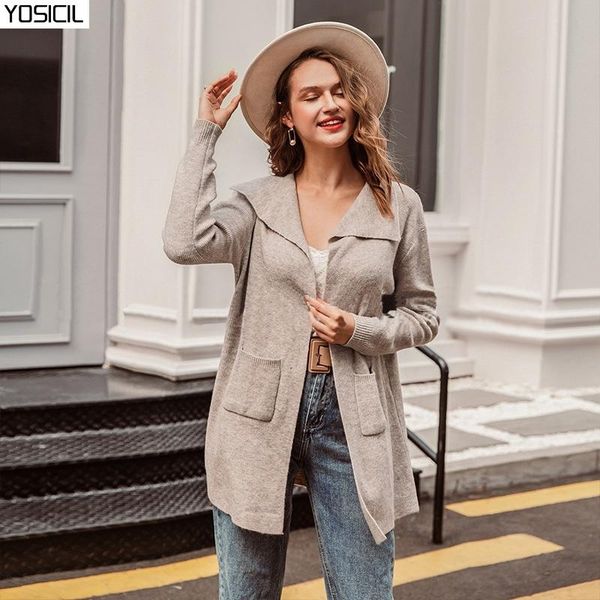 

yosicil casual turndown collar knitted women cardigan long sleeve pocket female sweater cardigan loose ladies long sweaters, White