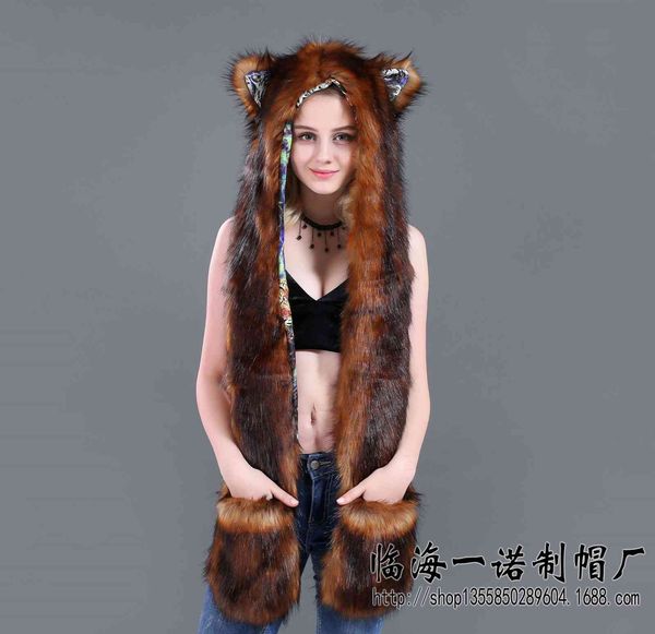 

hat imitation fur plush cartoon animal scarf glove integrated 45, Blue;gray