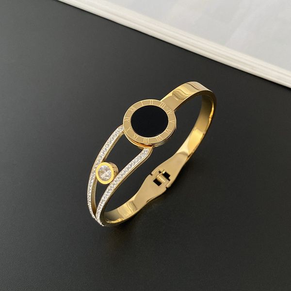 

new arrival diamond insert hollowed stainless steel bangle black shell roman numerals bracelet