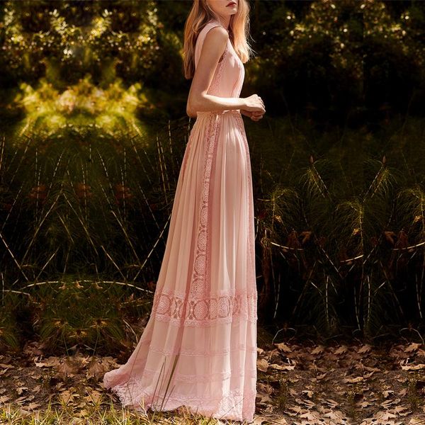 

casual dresses elegant pink lace embroidery maxi for women 2021 summer runway designers vintage chiffon patchwork pleated long dress, Black;gray