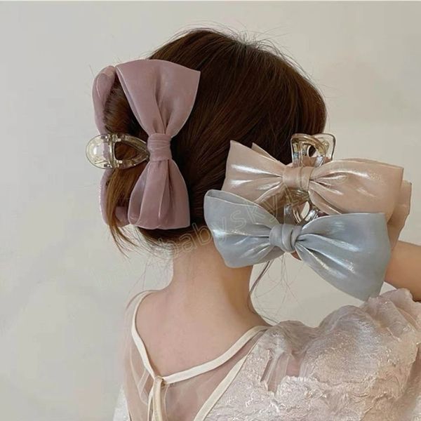 

korean fashion fabric large bowknot hairpins for women girls elegant hairgrip vintage hair claws clip hair accessories, Slivery;white