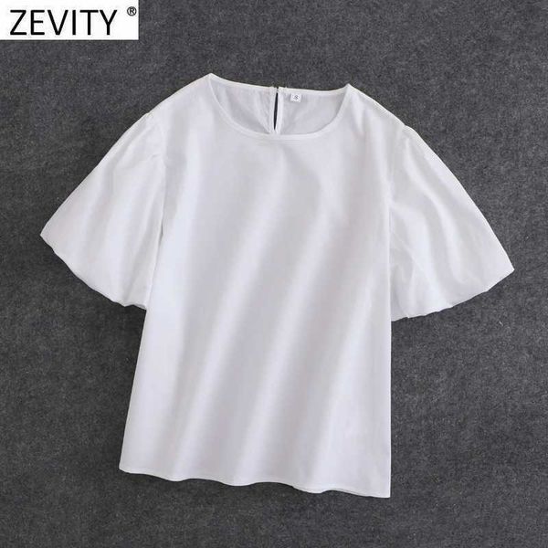

zevity women simply solid color casual white smock blouse ladies chic puff sleeve poplin femininas shirts blusas ls9338 210603