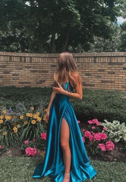 

stunning blue colour long sleeveless prom dress side slit satin event wear party gown custom made plus size available, Black