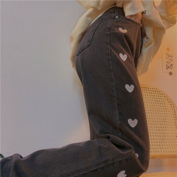 

light blue retro love embroidery high waist straight trousers 2021 spring and summer new loose jeans tide 7jkh