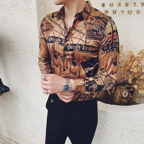 

2020 spring camisa homem flower shirt men gold newspaper printing shirt man long sleeve camisa masculina shirts men clothes1, White;black