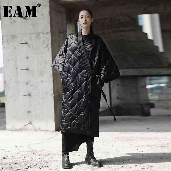 

[eam] spring autumn v-collar three-quarter sleeve solid color bandage cotton-padded big size coat women fashion jd18601 210819, Black