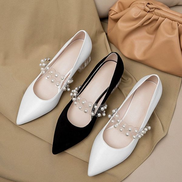 

2021 Elegant Suede Pearl Pumps Women Thick Heels Pointed Toe Shoes Woman Solid Color Shallow Mouth Party Shoes FemaleDress Shoes, Black