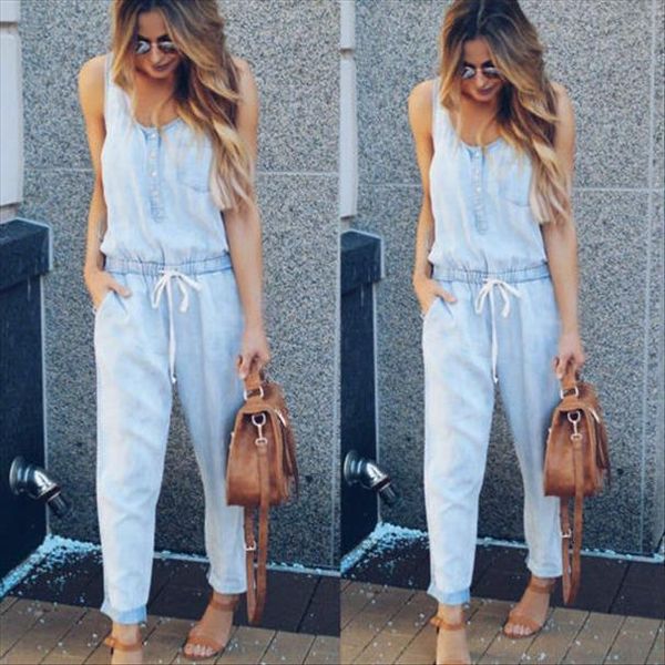 

summer casual soft denim sleeveless womens romper o neck lace up high waist overalls straps jumpsuit, Black;white