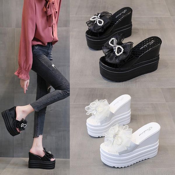 

dress shoes women sandals wedges increase 12cm higher heels lace flowers bow slope heel slippers for to wear out in summer, Black