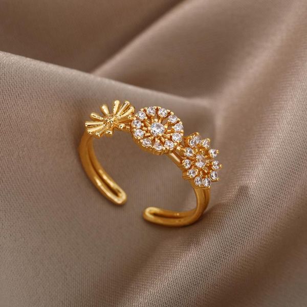 Anéis de casamento Zircon Flor aberto para mulheres ouro prata cor aço inoxidável ajustável anel de noivado feminino jóias