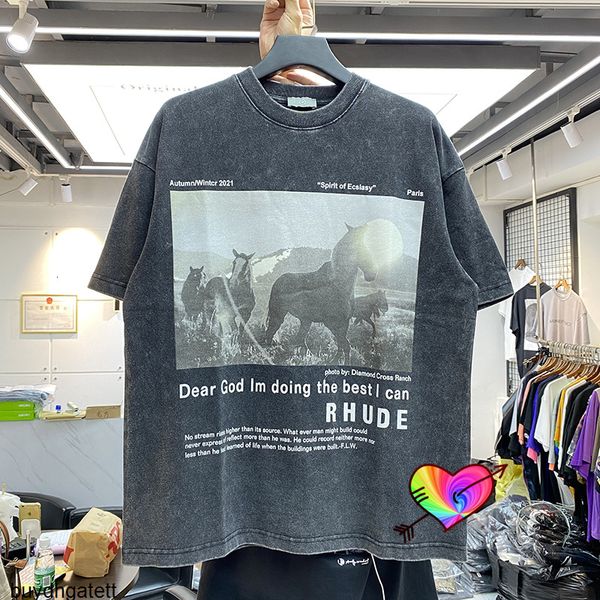 Rhude Horse T-shirt Masculino Feminino de Alta Qualidade Camiseta Vintage Make Old Lavado Tamanho Grande Manga Curta Xuqe V8r0