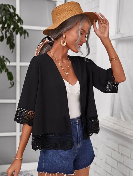 

scalloped lace trim solid kimono q4na#, White;black