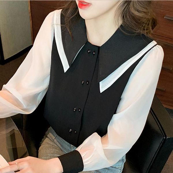 

women's blouses & shirts long sleeve women shirt blusas mujer de moda 2021 turn down collar chiffon blouse blusa e400, White