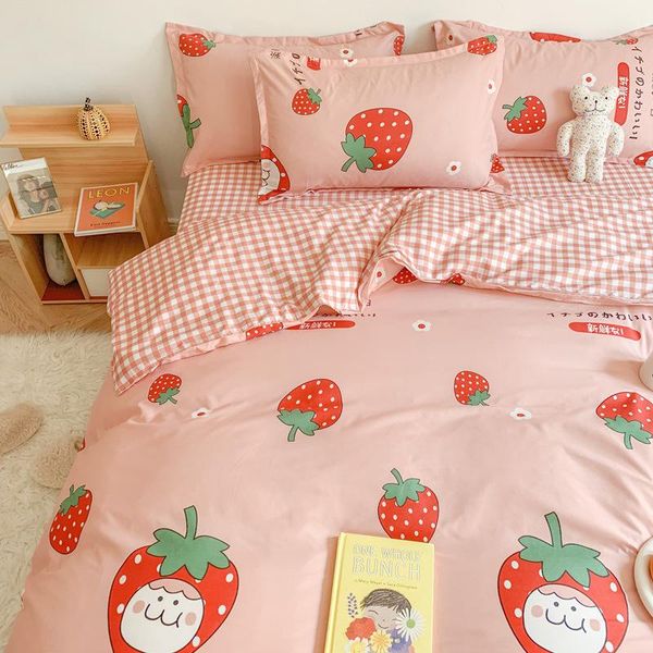 

bedding sets home textile nordic style 3/4pcs set aloe cotton strawberry party pattern cute lovely pink comfortable soft oceania