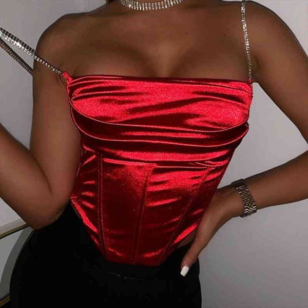 

crystal chain satin summer clothes womens tanks cropped off shoulder back zipper slim corset camisole, White
