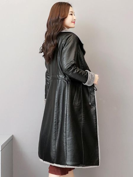 

women's leather & faux 2021 winter fur one coat mid long cashmere, Black