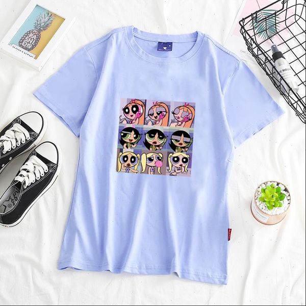 

2021 new kawaii powerpuff t shirt girls police hit color harajuku streetwear funny cartoon printed t shirts womens clothing, White