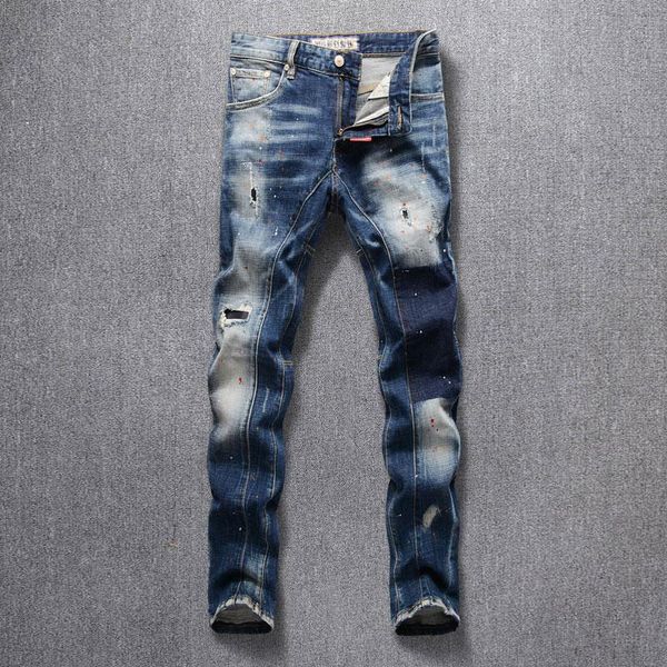 

men's jeans european vintage fashion men retro blue slim fit ripped distressed painted designer hip hop denim punk pants