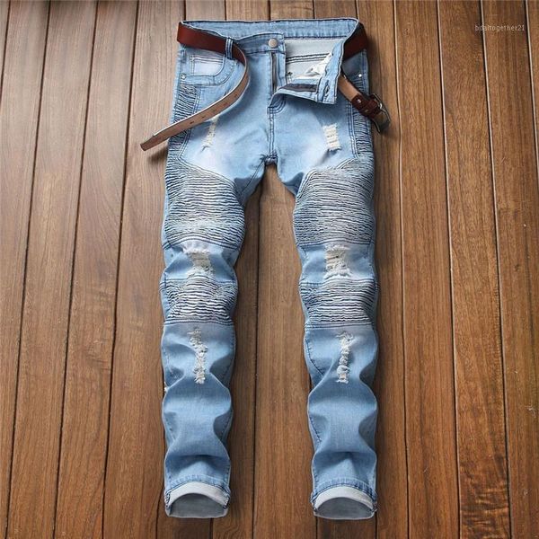 

men's jeans male fashion personality loose ripped slim fit zipper stretch denim trousers man pants for men e211, Blue