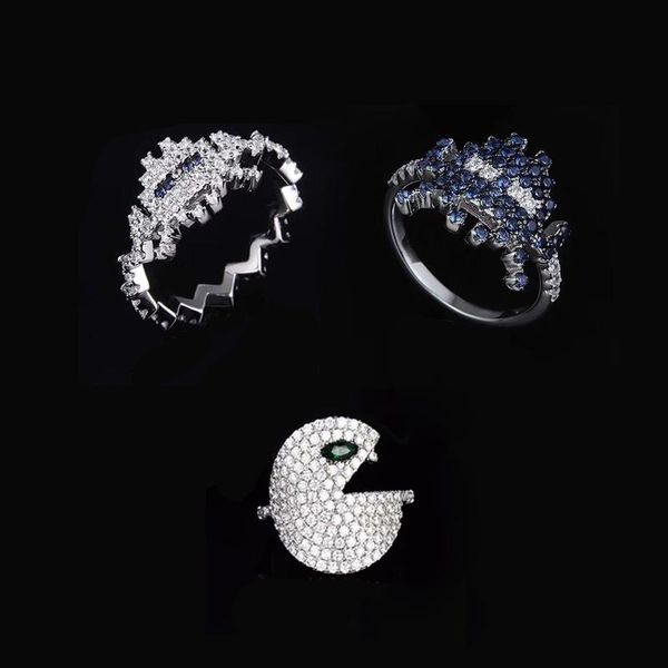 Anéis de cluster S925 Sterling Silver Love 80s Pac-Man anel Bohemia estilo micro pavimentada zirconia cúbica para mulheres jóias de luxo