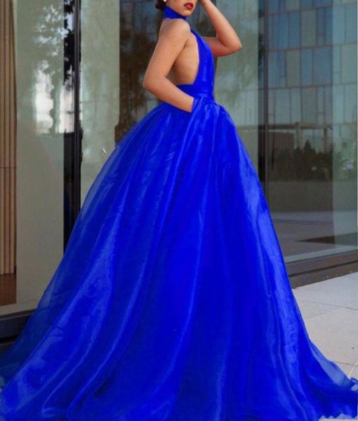 

party dresses high collar sleeveless open back organza royal blue evening pockets red prom, White;black