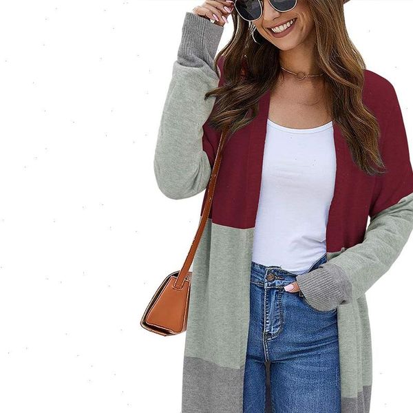 

2021 fashion womens spring autumn sweaters open front cardigan long sleeve colorblock knit sweaters with pockets, White;black