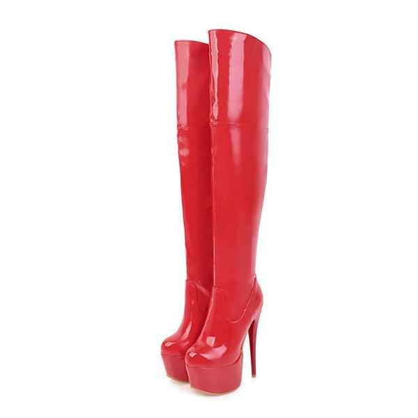 Seksi Uyluk Kadınlar Için Yüksek Çizmeler Platformu Fetiş Ayakkabı Lady Yüksek Topuklu Diz Çizmeleri Üzerinde Kırmızı Beyaz Deri Kış Uzun Çizmeler Y0905