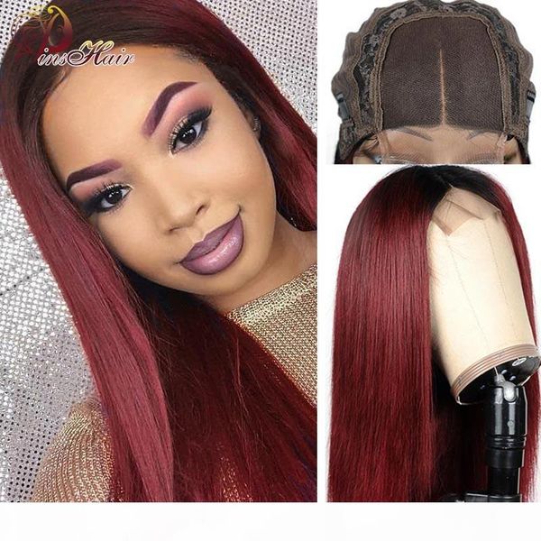 

burgundy 99j straight lace front human hair wigs ombre 99j peruvian 4*4 lace front wig 130 pre-plucked remy human hair pinshair, Black;brown