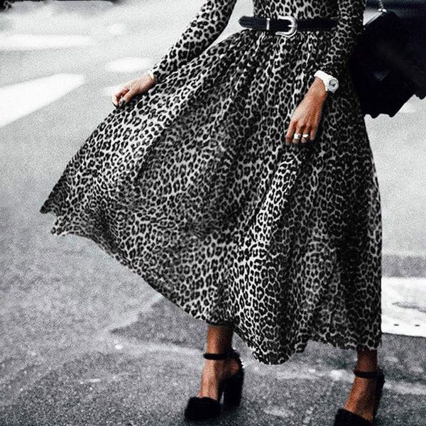 

New 2021 Fashion Leopard Print Women Vintage Long Sleeve o Neck Maxi Pleated Es Sexy Club Party S-5xl PZKT, Black;gray