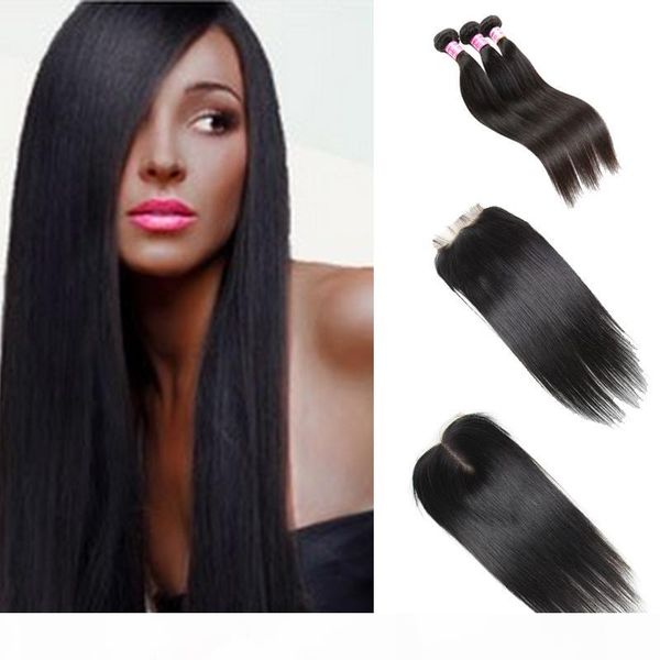 

straight malaysian human hair bundle with closure 3 bundles striaght peruvian hair cambodian mongolian brazilian virgin human hair weaves, Black