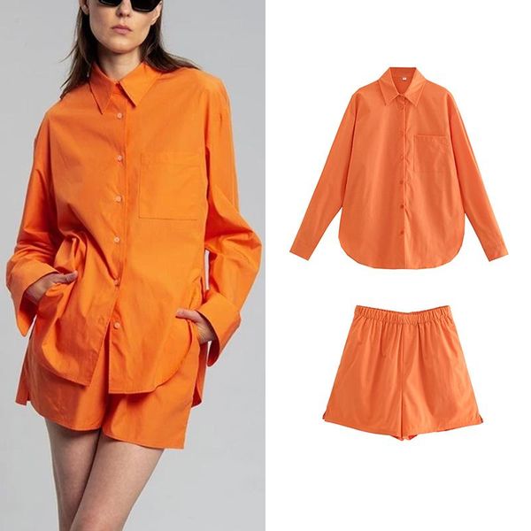 

women's tracksuits tarf 2pcs women cotton solid shirt +short set 2021 single breasted blouses summer female casual long sleeve t-shirt, Gray