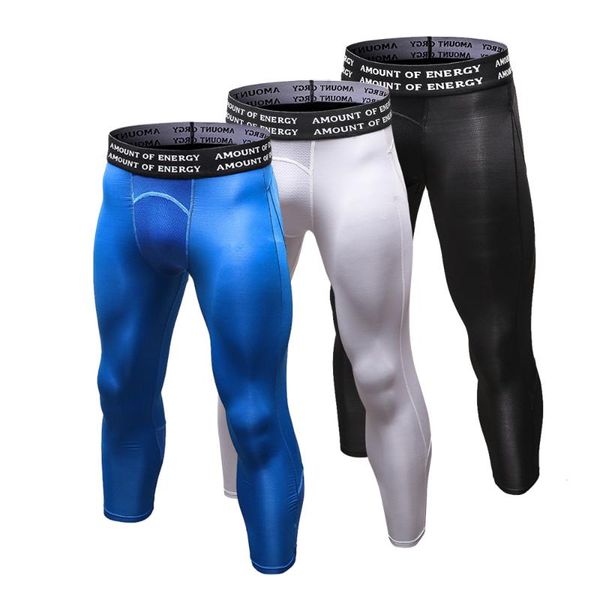 

running pants 3/4 compression men's quick dry fitness baselayer training legging tights for male, Black;blue