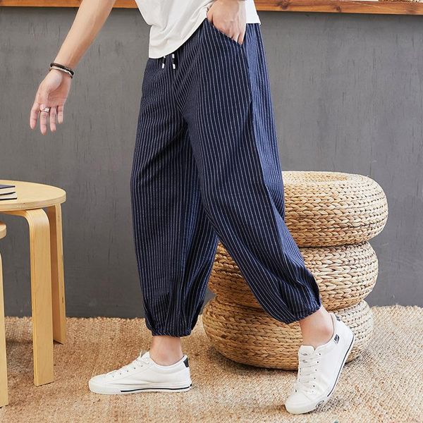 

man japanese style harem pants striped knee-length summer legged trousers male linen loose chinese wide leg pants streetwear, Red