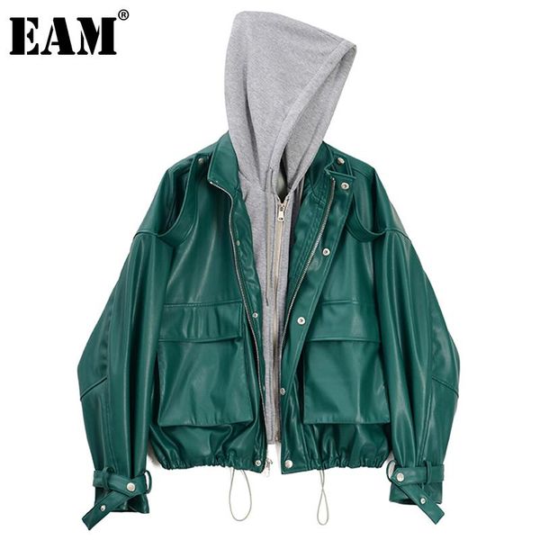 

women's jackets [eam] loose fit green pu leather big size jacket hooded long sleeve women coat fashion tide spring autumn 2021 1de0645, Black;brown