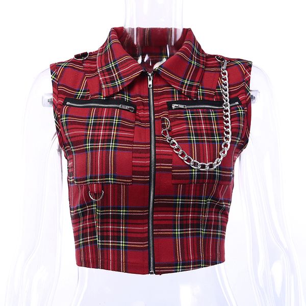 

gothic chic crop women t-shirt white black plaid punk streetwear zipper chain plaid female goth retro hi hop camis top