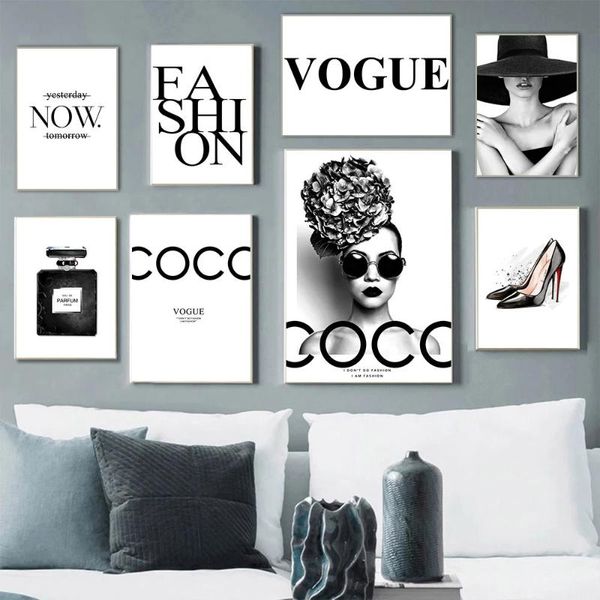 

paintings vogue woman canvas prints fashion poster high heels perfume wall art painting black and white quotes home decorpictures