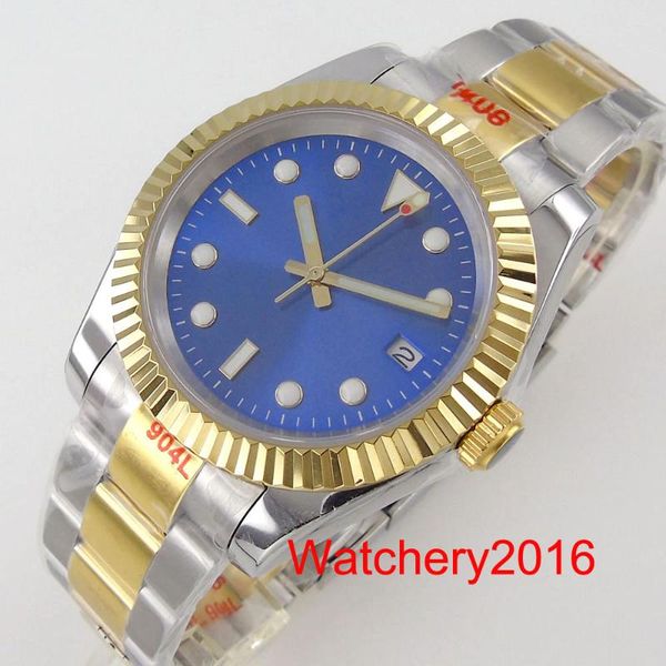 

wristwatches luxury bliger brand 36mm/39mm nh35a two tone gold automatic men watch middle shinny polished oyster band glass back, Slivery;brown