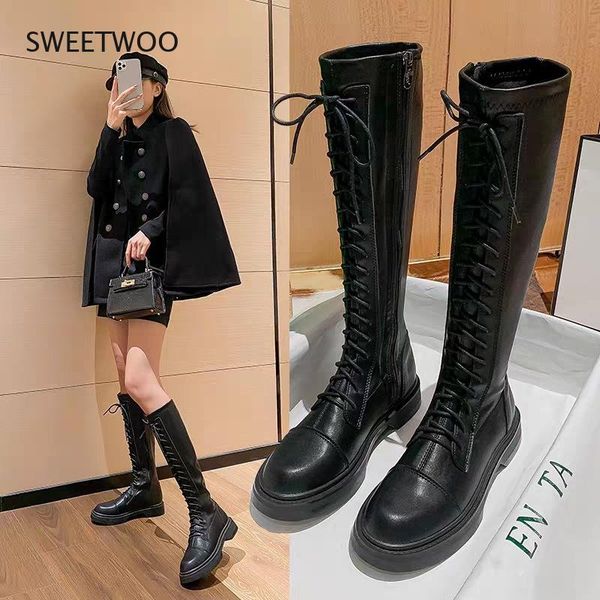 

boots long tube female 2021 increase elasticity ladies girls flat shoes thick-soled knight lace-up women, Black