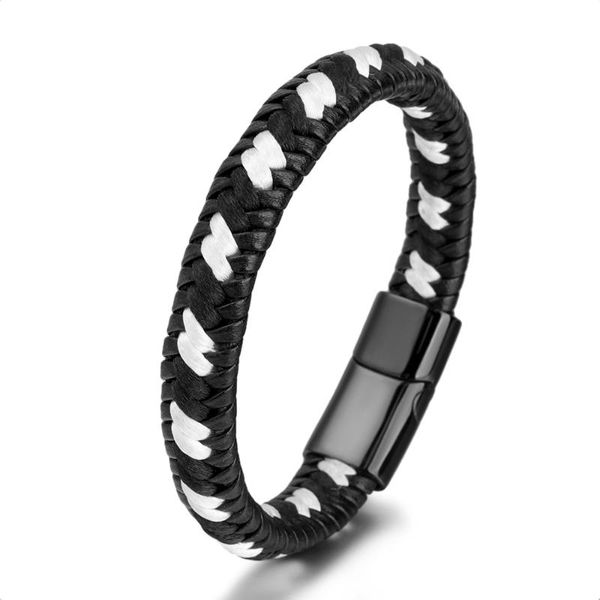 

charm bracelets zg men's braided leather bracelet for men stainless steel magnetic clasp black white weave fashion punk homme bangles, Golden;silver