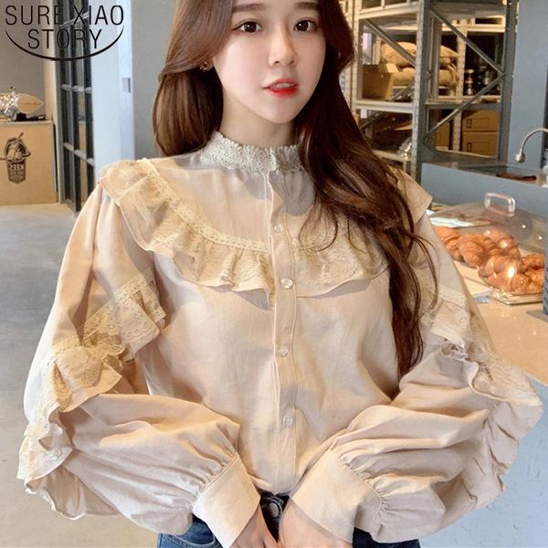 

2021 spring new vintage women loose lace blouse shirts fashion casual elegant women and blouses lantern long sleeve blusas, White