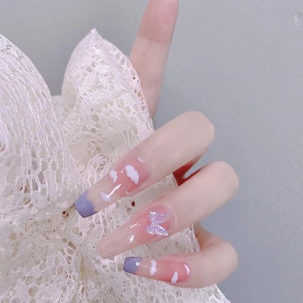

false nails 24pcs patch white clouds butterfly printed glue type long paragraph fashion manicure dw, Red;gold