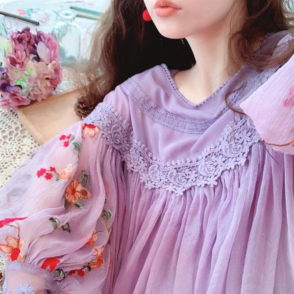 

women's blouses & shirts spring original design women sweet elegant purple ladies vintage embroidery lantern sleeve lace chiffon, White